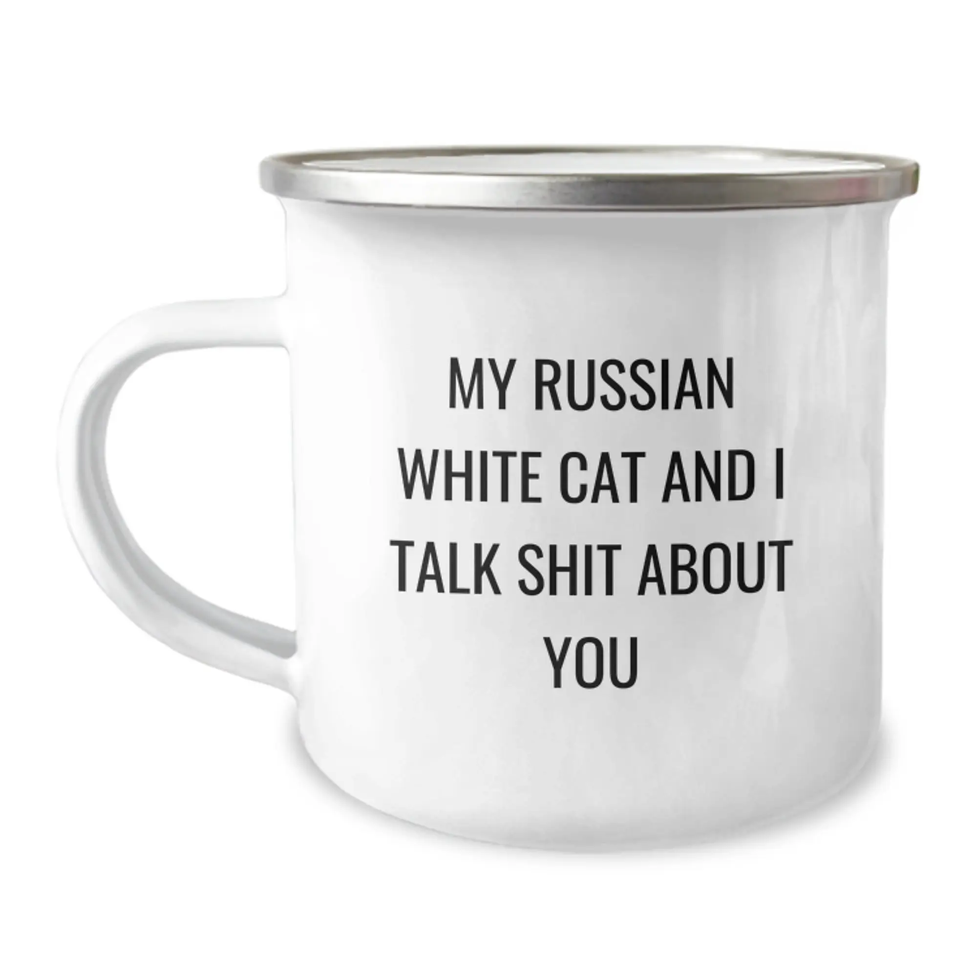 Funny Russian White Cat Gifts for Men from Friends - Camping Mug, Russian White Cat and 'Talk Shit About You' Quote, Unique Graduation Gift - Image 1