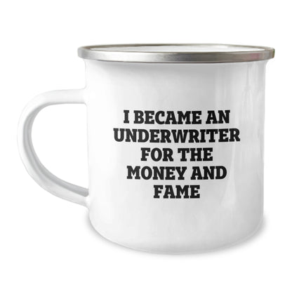 Funny Underwriter Gifts for Men, Women, Coworkers, Family - Inspirational Camping Mug, 'I Became An Underwriter For The Money And Fame' - Gifts from Friends, Underwriter Unique Graduation Gifts - Image 1