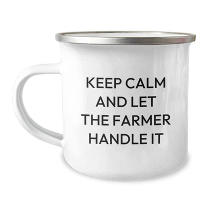 Cute Funny Gifts from Men to Farmer Friends - Keep Calm And Let The Farmer Handle It Camping Mug for Christmas Unique Gifts - Image 1