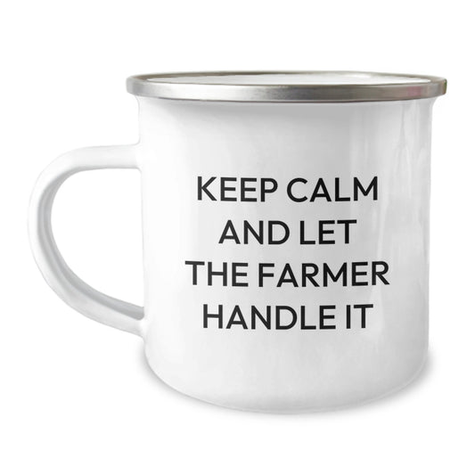 Cute Funny Gifts from Men to Farmer Friends - Keep Calm And Let The Farmer Handle It Camping Mug for Christmas Unique Gifts - Image 1