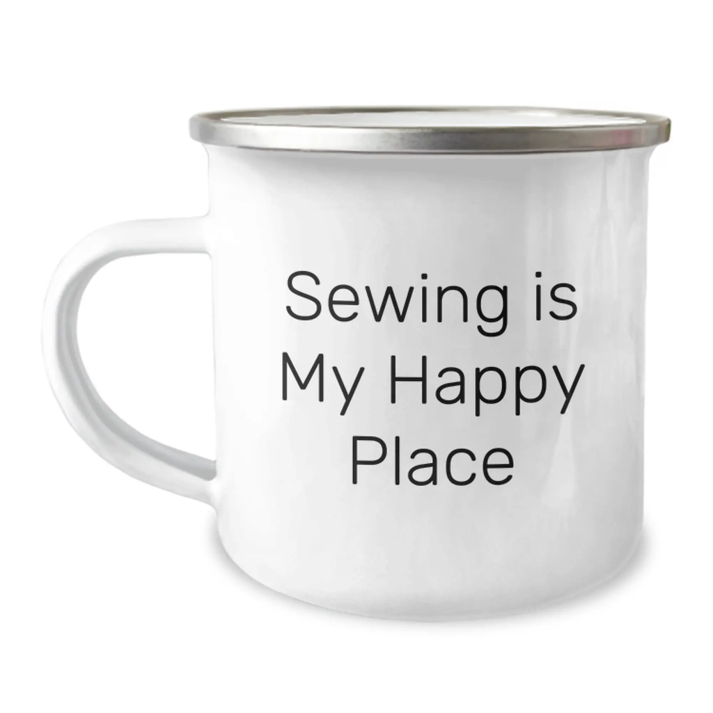 Cute Sewing Enthusiast Gifts for Women Friends, Sewing Is My Happy Place Camping Mug for Graduation Unique Gifts from Friends - Image 1