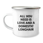 Funny Domestic Longhair Cat Gifts from Friends for Graduation Unique Gifts - 'All You Need Is Love And A Domestic Longhair' Camping Mug
