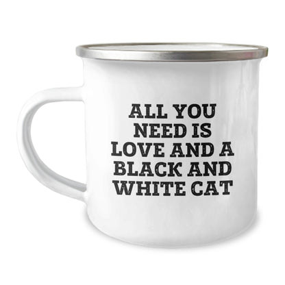Funny Black and White Cat Gifts from Friends for Graduation Unique Gifts - Camping Mug with Inspirational Quote - 'All You Need Is Love And A Black And White Cat' - Image 1