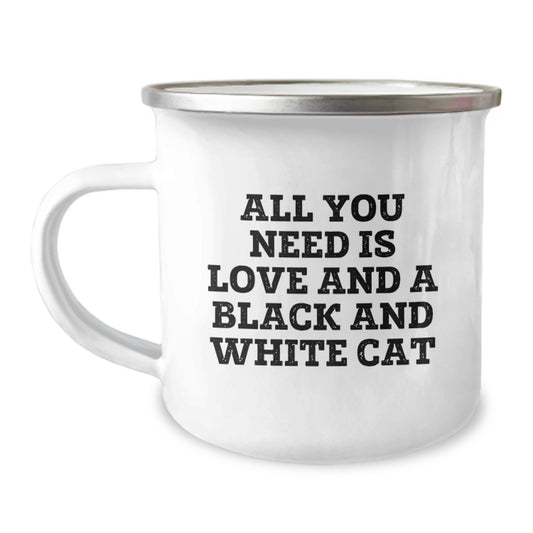 Funny Black and White Cat Gifts from Friends for Graduation Unique Gifts - Camping Mug with Inspirational Quote - 'All You Need Is Love And A Black And White Cat' - Image 1