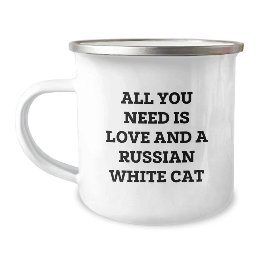 Funny Russian White Cat Camping Mug, Gifts for Russian White Cat Lovers, from Friends, Unique Graduation Celebration - Image 1