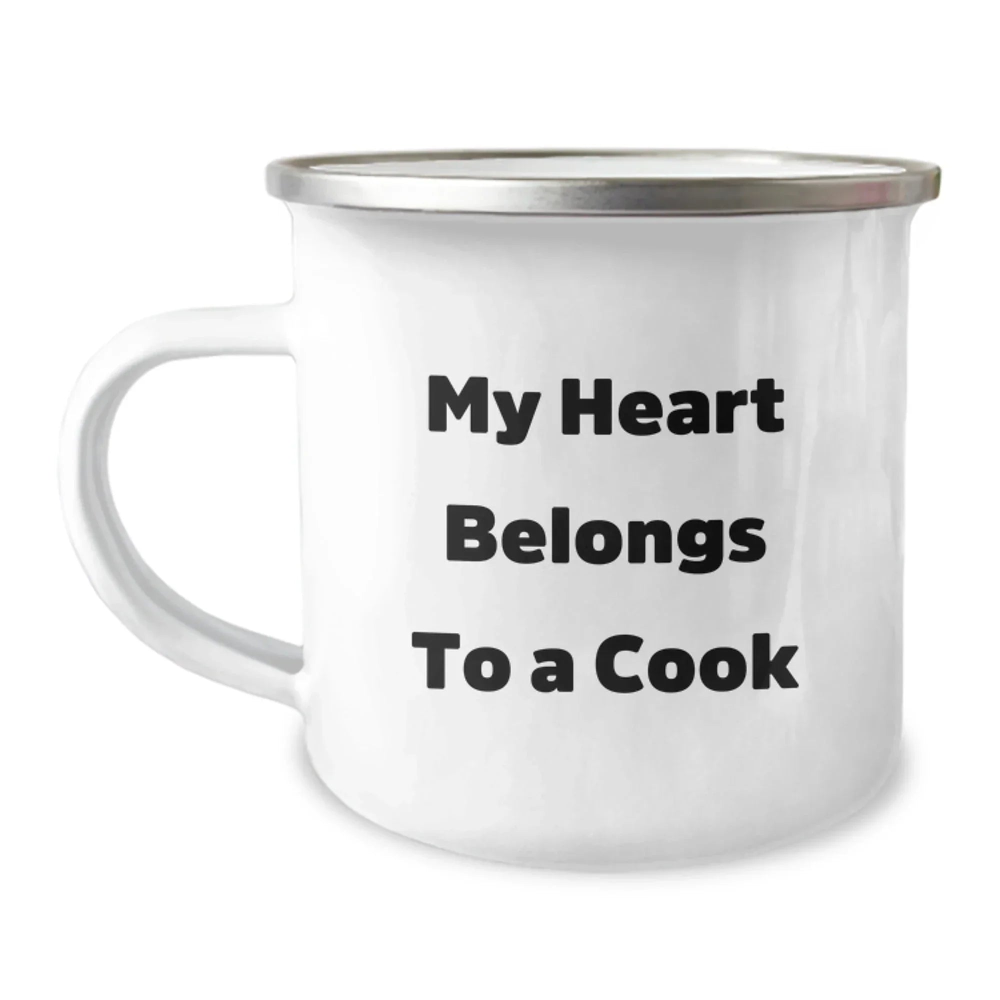 Funny Cook Gifts from Friends for Men or Women - 'My Heart Belongs To A Cook' Camping Mug for Graduation, Unique Cookware for Outdoor Lovers