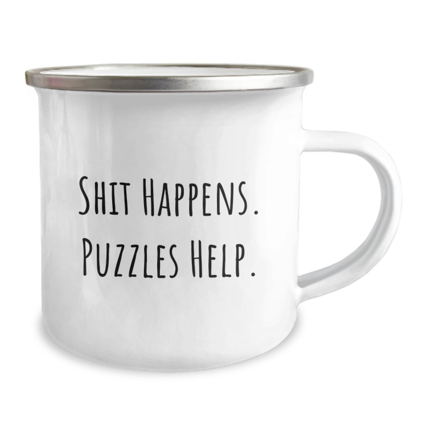 Funny Camping Mug Gifts for Puzzles Enthusiasts, Birthday Unique Presents from Friends to Family - 'Shit Happens. Puzzles Help.' - Image 2