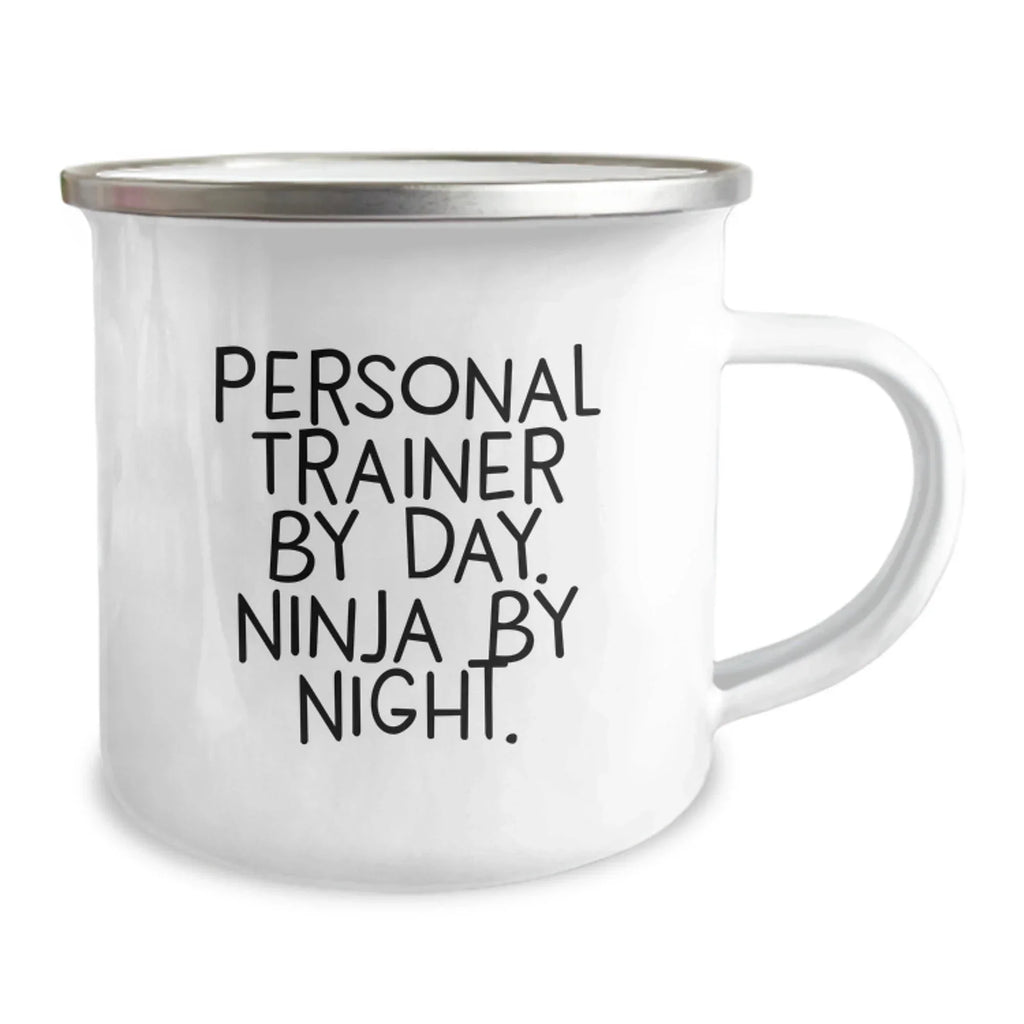 Unique Personal Trainer Gifts for Men, Funny Camping Mug, Christmas Unique Presents from Friends to Family, 'Personal Trainer By Day. Ninja By Night.' Enamel Mugs