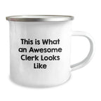 Funny Clerk Gifts, Christmas Unique Presents for Men, Women from Friends, Coworkers, Family - Camping Mug 'This Is What An Awesome Clerk Looks Like'