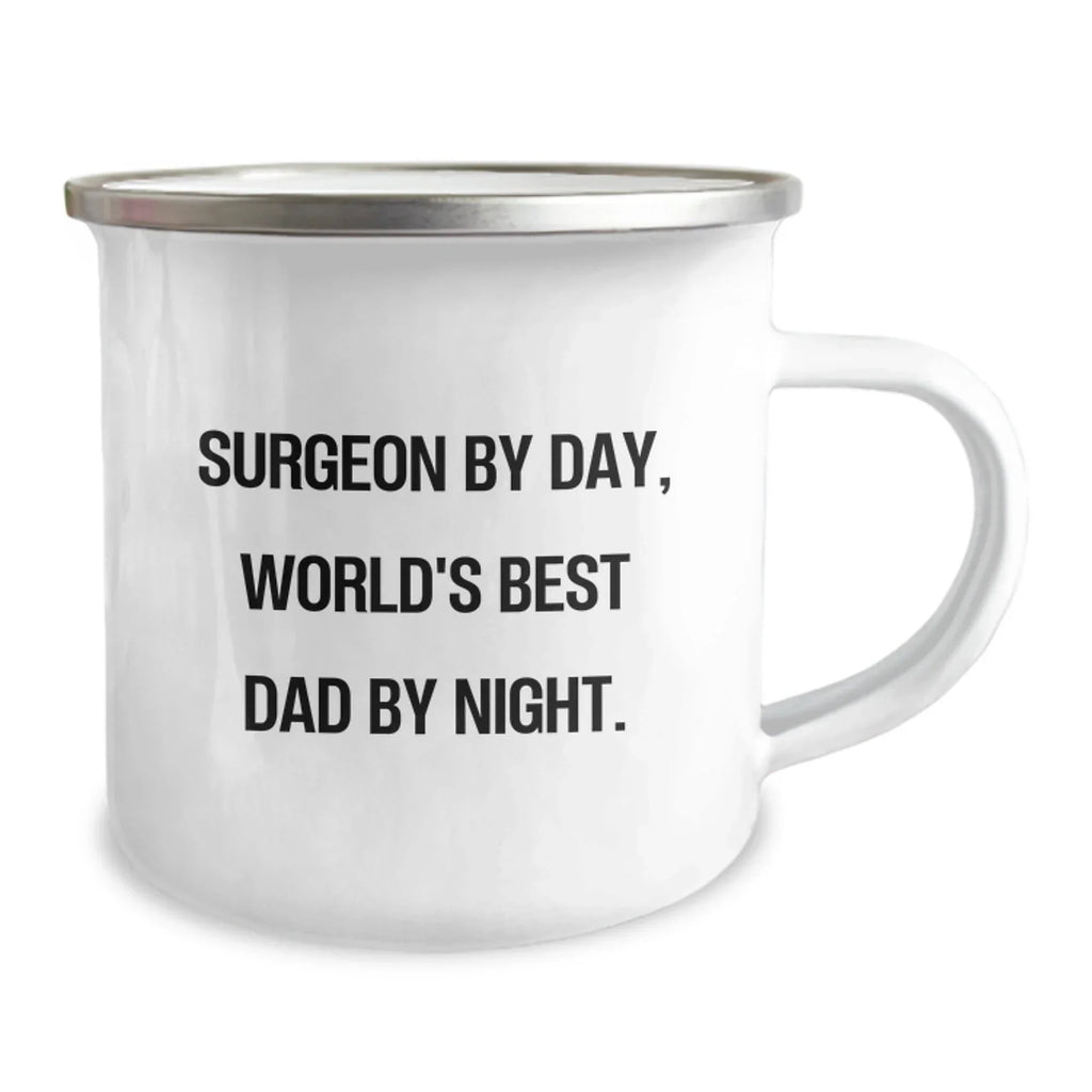 Funny Surgeon Gifts for Men - Christmas Unique Presents from Family - 'Surgeon By Day, World's Best Dad By Night.' - Enamel Camping Mug