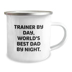 Funny Trainer Camping Mug, Unique Valentine's Gifts from Men, for Trainers, Stainless Steel with Enamel Finish, 12 oz Capacity, Perfect for Dad's Coffee