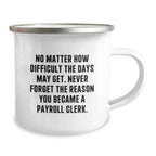 Gifts from Coworkers to Payroll Clerk - Funny Christmas Camping Mug with No Matter How Difficult The Days May Get. Never Forget The Reason You Became A Payroll Clerk.