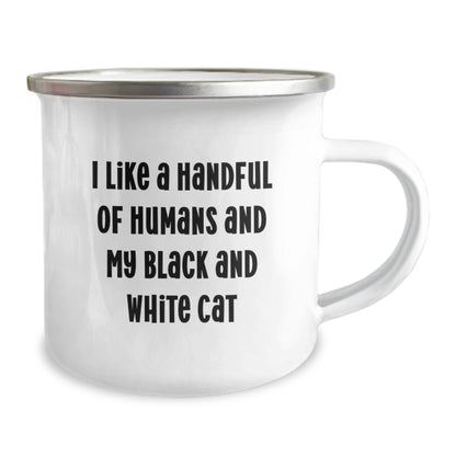 Funny Black and White Cat Gifts from Friends for Birthday Camping Mug - I Like A Handful Of Humans And My Black And White Cat - Image 2