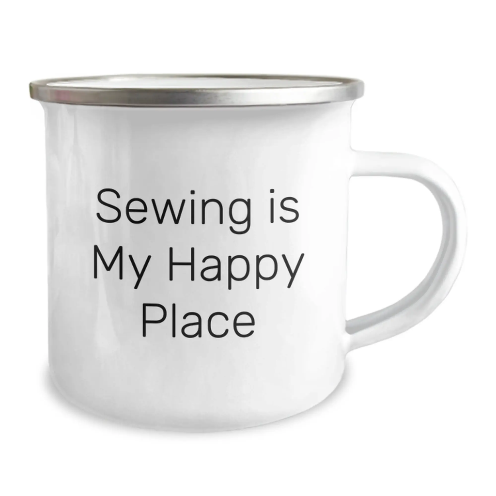 Cute Sewing Enthusiast Gifts for Women Friends, Sewing Is My Happy Place Camping Mug for Graduation Unique Gifts from Friends - Image 2