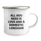 Funny Domestic Longhair Cat Gifts from Friends for Graduation Unique Gifts - 'All You Need Is Love And A Domestic Longhair' Camping Mug
