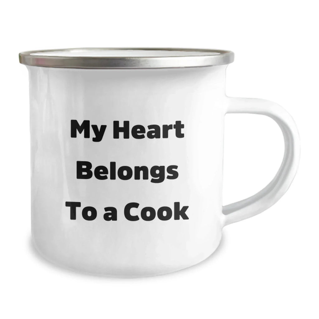 Funny Cook Gifts from Friends for Men or Women - 'My Heart Belongs To A Cook' Camping Mug for Graduation, Unique Cookware for Outdoor Lovers