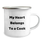 Funny Cook Gifts from Friends for Men or Women - 'My Heart Belongs To A Cook' Camping Mug for Graduation, Unique Cookware for Outdoor Lovers