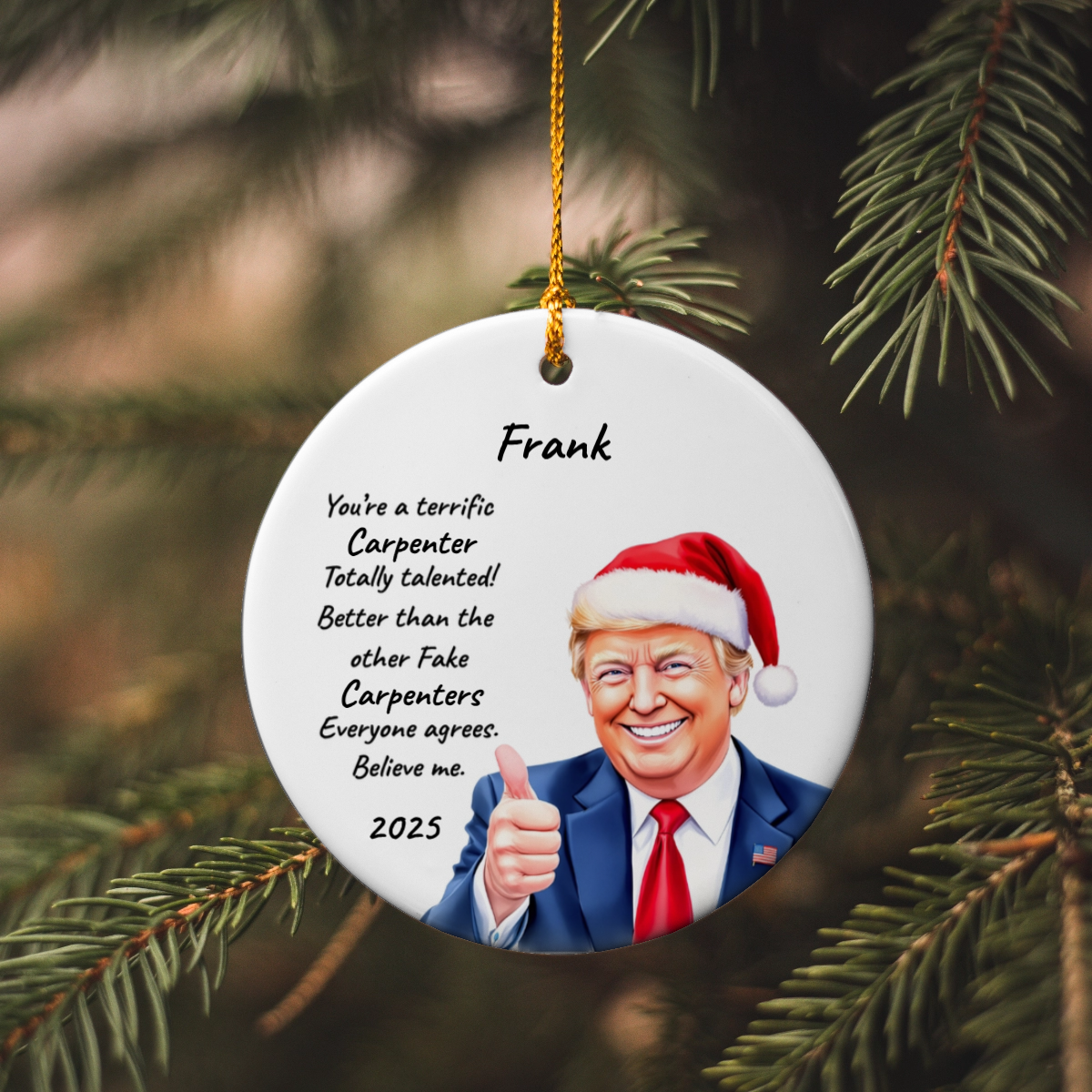 Personalized Trump Christmas Ornament – Funny Santa Thumbs-Up Holiday Gift – Custom Name & Year Keepsake