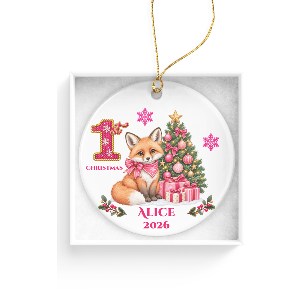 Fox Baby Personalized Christmas Ornament, Baby's 1st 2nd 3rd Christmas, Custom Name Year Ceramic Keepsake
