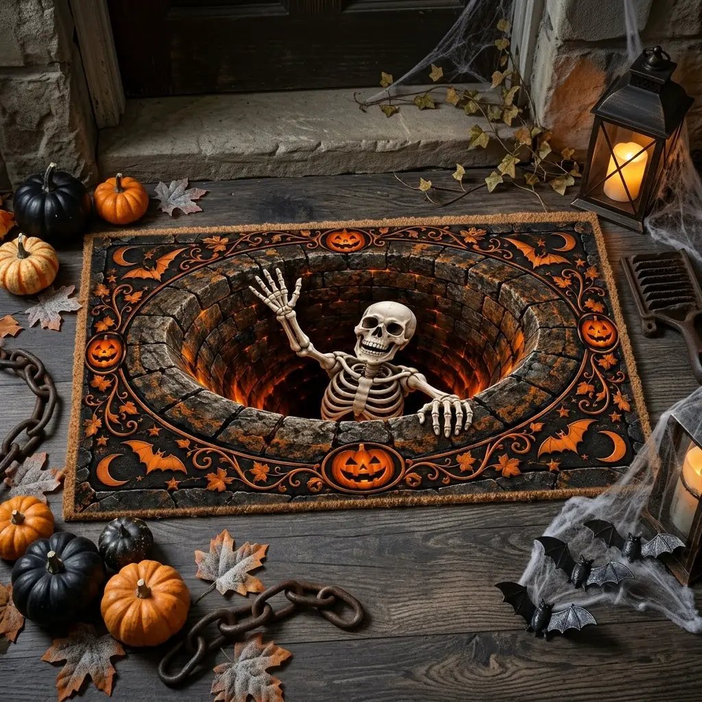 Skeleton Halloween 3D Doormat, Skeleton Pit Illusion Door Mat, Spooky Halloween Welcome Mat, Pumpkin Gothic Porch Decor