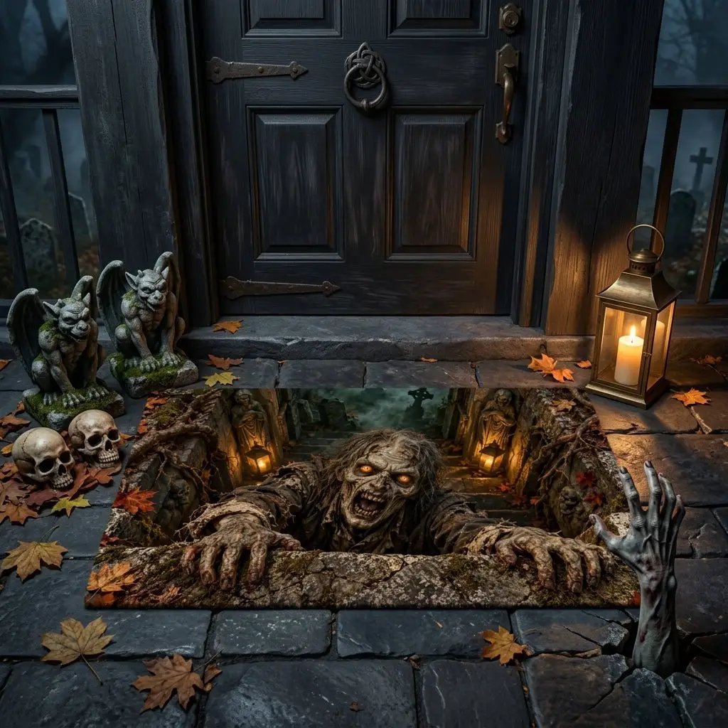 Zombie 3D Illusion Doormat, Graveyard Halloween Door Mat, Undead Zombie Welcome Mat, Haunted Crypt Optical Illusion, Spooky Porch Decor
