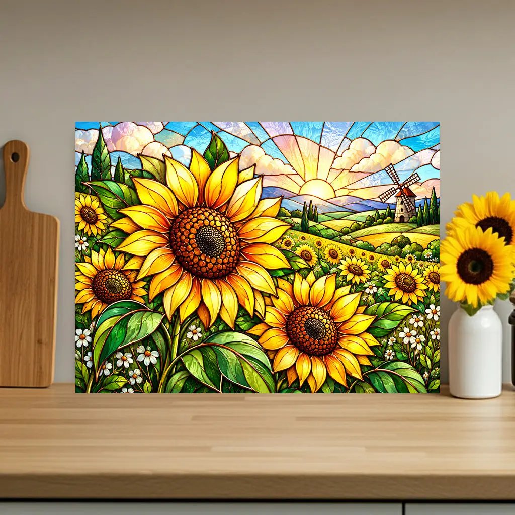 Sunflower Glass Cutting Board, Windmill Kitchen Decor, Sunflower Meadow Cutting Board, Country Floral Gift, Stained Glass Kitchen Art