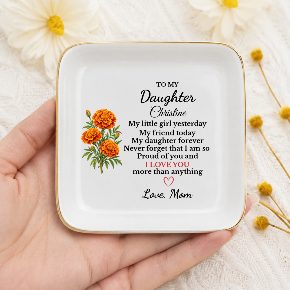 Personalized Daughter Birth Flower Jewelry Dish, Custom Name Trinket Tray, Sentimental Gift from Mom, Birthday Gift for Adult Daughter