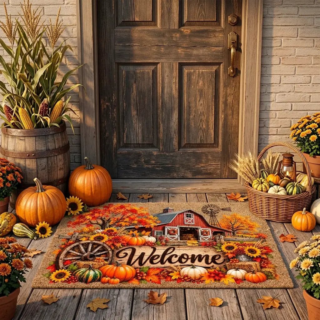 Fall Barn Welcome Doormat, Country Farmhouse Coir Mat, Autumn Pumpkin Door Mat, Harvest Porch Decor, Rustic Thanksgiving Welcome Mat
