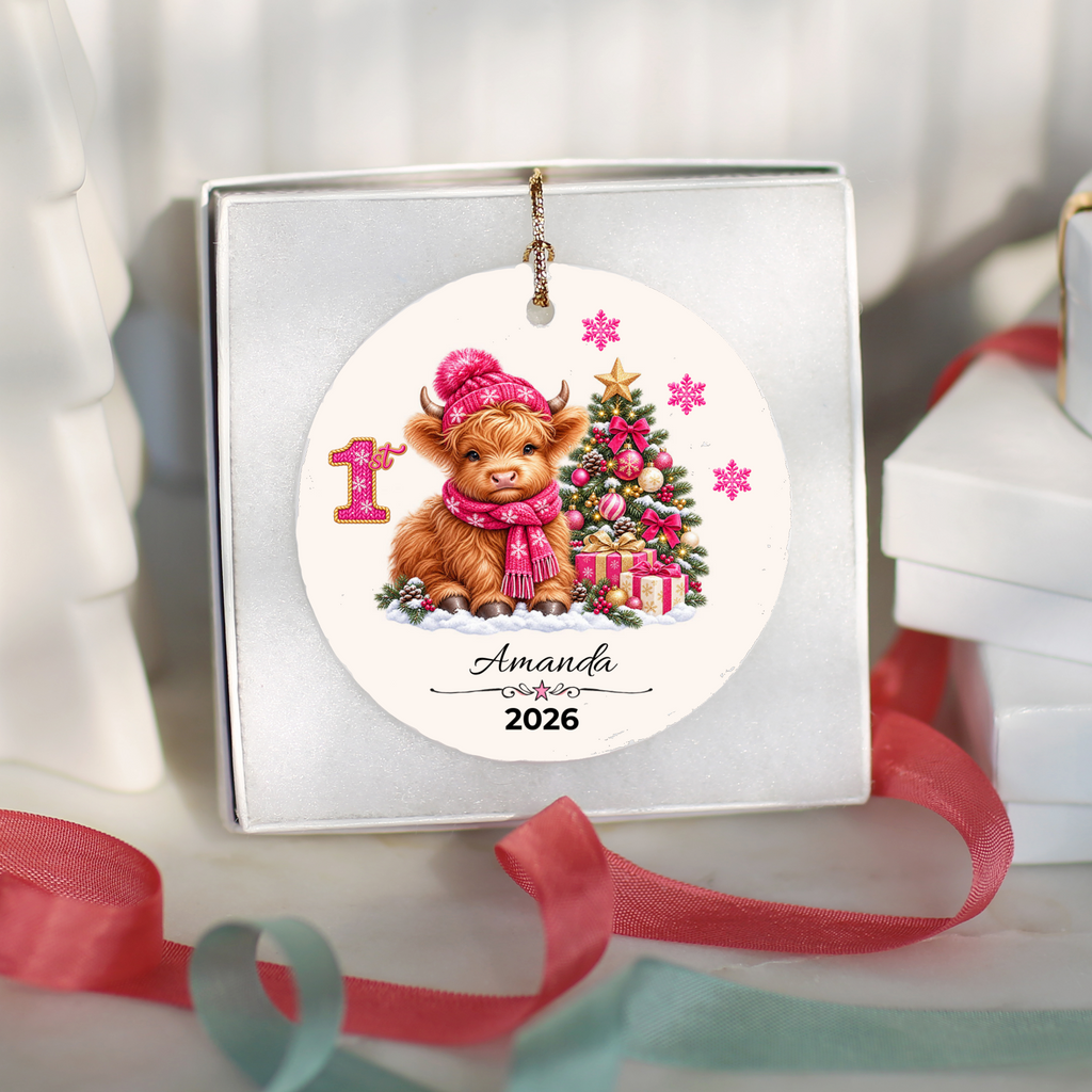 Personalized Christmas Ornament – Pink Girl Highland Cow First, Second, Third Christmas 2026, Custom Name Keepsake, 3 Inch Ceramic Holiday Decor