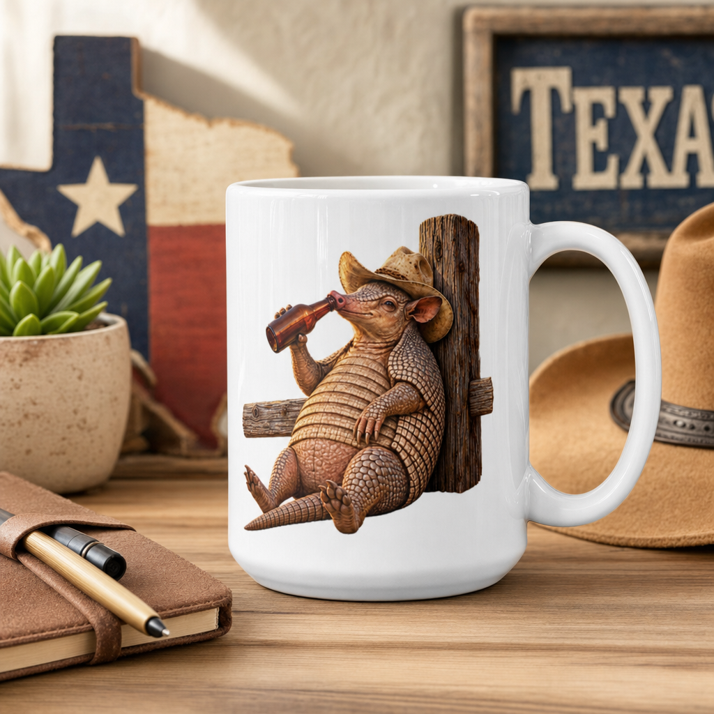 Funny Armadillo Coffee Mug, Texas Cowboy Mug, Beer Drinking Armadillo Gift, Western Coffee Cup, Funny Texas Gift for Him