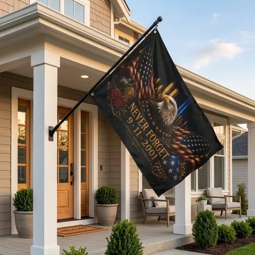 Never Forget 9/11 Double-Sided Memorial Flag – Eagle & Firefighter Tribute