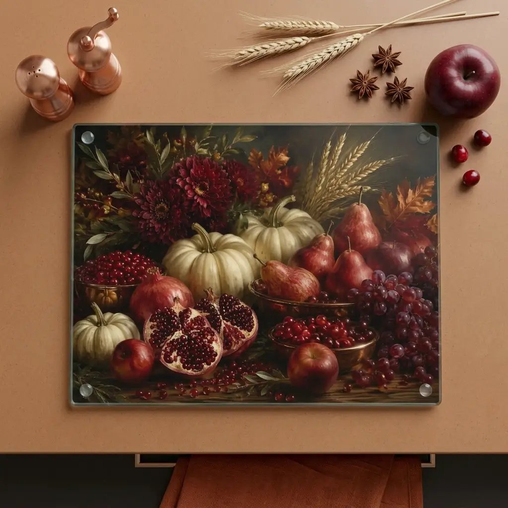 Pomegranate Glass Cutting Board, White Pumpkin Fall Kitchen Decor, Elegant Autumn Cutting Board, Harvest Kitchen Gift