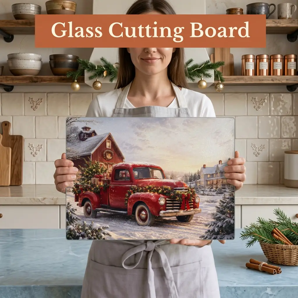 Christmas Glass Cutting Board, Red Vintage Truck Christmas Decor, Snowy Farmhouse Kitchen Decor, Rustic Holiday Gift