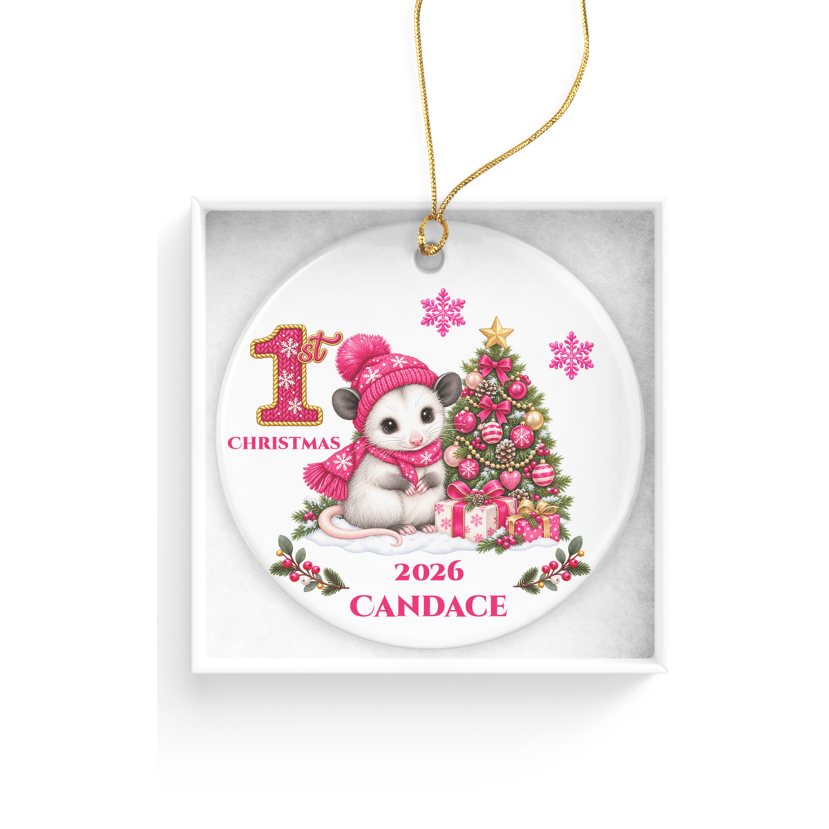 Opossum Baby Personalized Christmas Ornament, Baby's 1st 2nd 3rd Christmas, Custom Name Year Ceramic Keepsake, Boy Gift