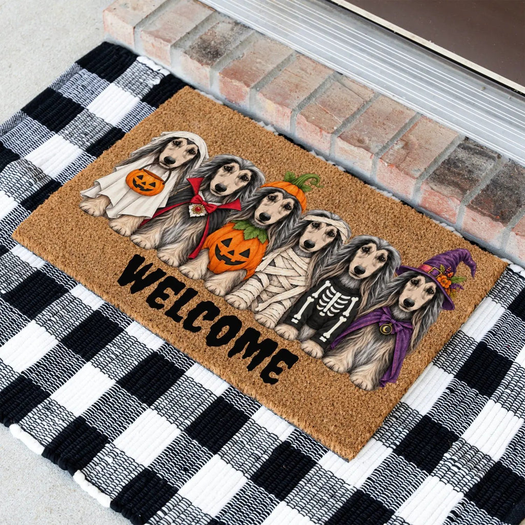 Dog Breed Personalized Halloween Costume Doormat, Custom Dog Welcome Mat, Halloween Coir Doormat, Family Name Dog Lover Gift