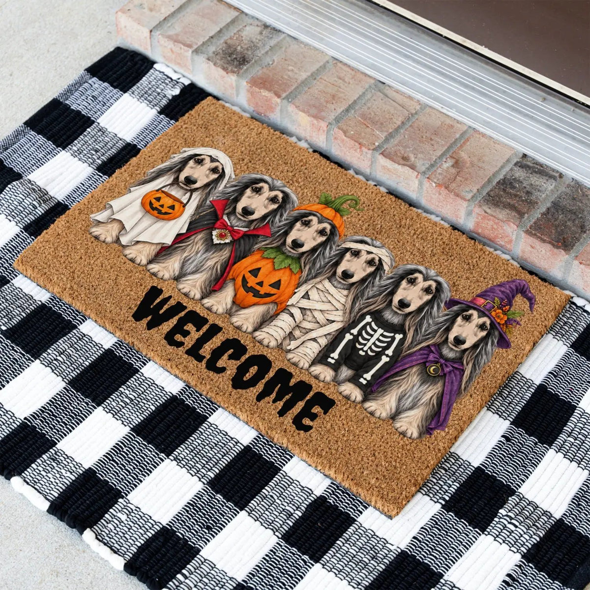 Dog Breed Personalized Halloween Costume Doormat, Custom Dog Welcome Mat, Halloween Coir Doormat, Family Name Dog Lover Gift