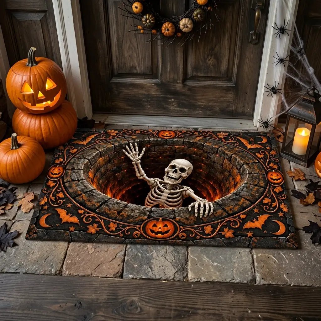 Skeleton Halloween 3D Doormat, Skeleton Pit Illusion Door Mat, Spooky Halloween Welcome Mat, Pumpkin Gothic Porch Decor