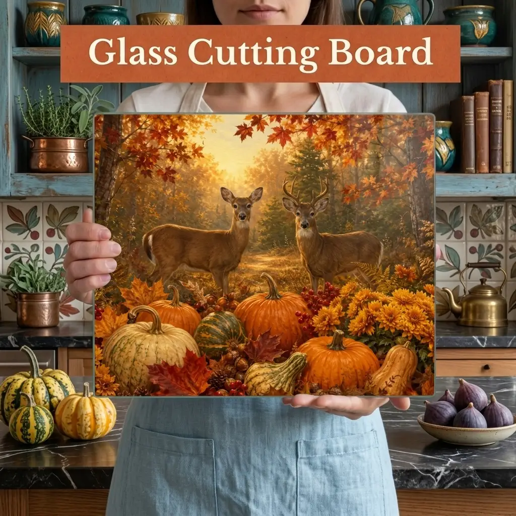 Deer Fall Glass Cutting Board, Rustic Woodland Kitchen Decor, Autumn Pumpkin Cutting Board, Hunter Cabin Gift
