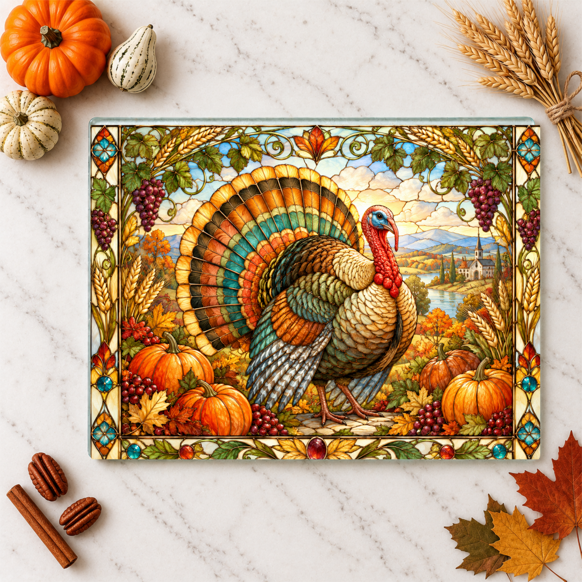 Thanksgiving Turkey Glass Cutting Board, Stained Glass Harvest Kitchen Decor, Fall Turkey Chopping Board, Country Thanksgiving Gift