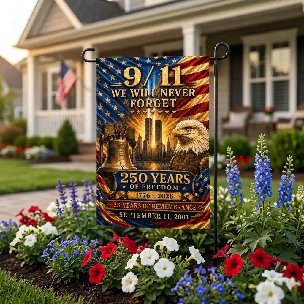 Never Forget 9/11 Double-sided Garden Flag, 250 Years of Freedom, 25 Years of Remembrance, September 11 Memorial, Patriotic Yard Decor