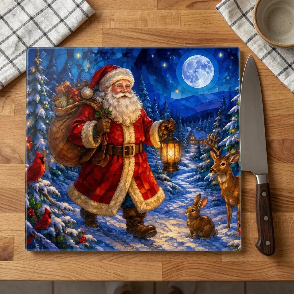 Santa Christmas Glass Cutting Board, Woodland Santa Kitchen Decor, Stained Glass Christmas Art, Cardinal Deer Holiday Gift