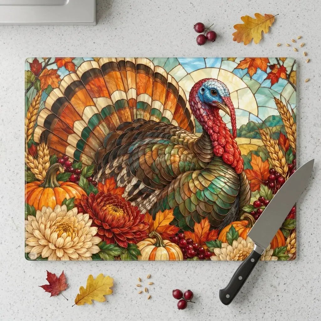 Thanksgiving Turkey Glass Cutting Board, Stained Glass Turkey Kitchen Decor, Fall Floral Harvest Cutting Board, Autumn Gift