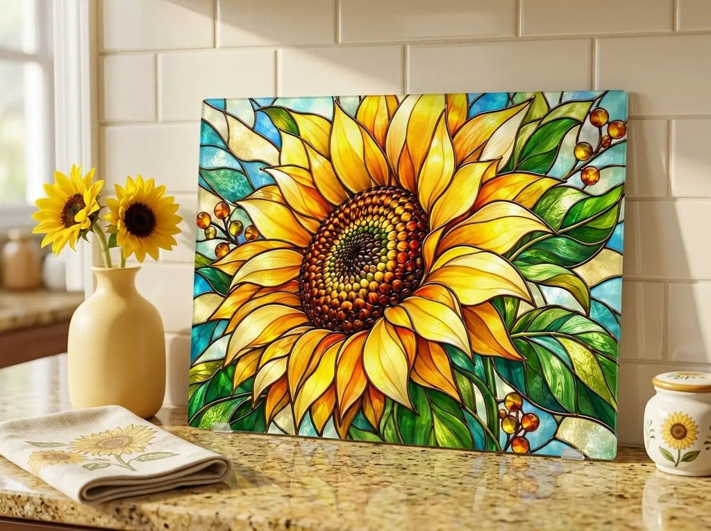 Sunflower Glass Cutting Board, Stained Glass Floral Kitchen Decor, Yellow Flower Chopping Board, Gift for Mom, Housewarming Gift