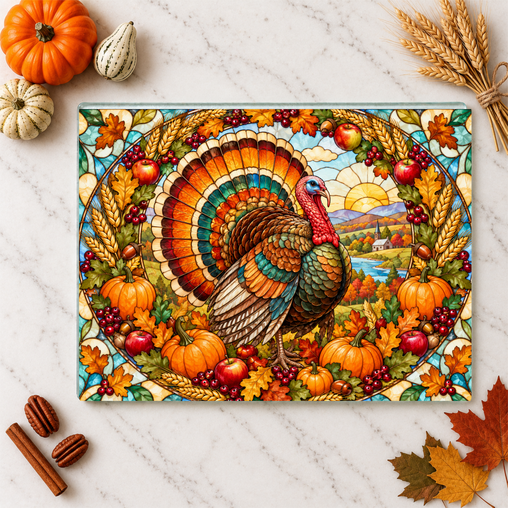 Thanksgiving Turkey Glass Cutting Board, Harvest Wreath Kitchen Decor, Stained Glass Fall Turkey, Pumpkin Apple Autumn Gift