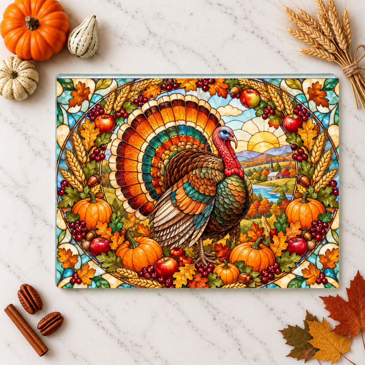 Thanksgiving Turkey Glass Cutting Board, Harvest Wreath Kitchen Decor, Stained Glass Fall Turkey, Pumpkin Apple Autumn Gift