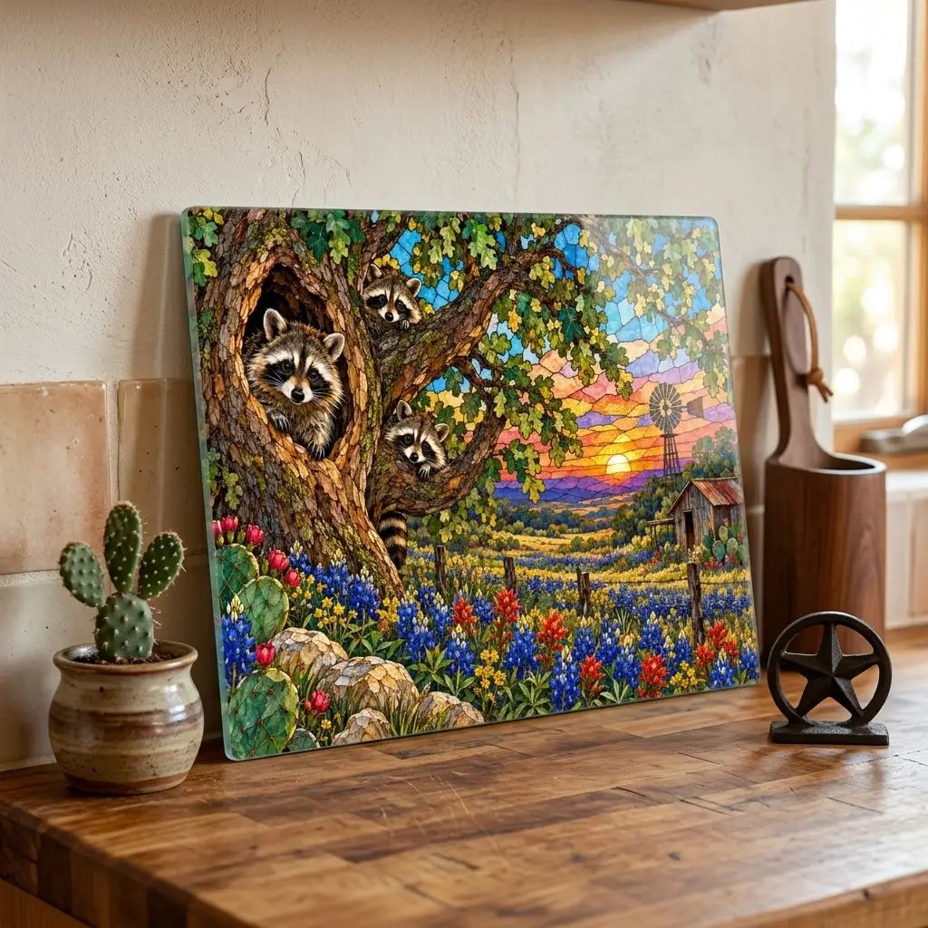 Raccoon Family Glass Cutting Board, Raccoon Lover Gift, Texas Bluebonnet Kitchen Decor, Country Wildlife Cutting Board, Rustic Farmhouse Gift