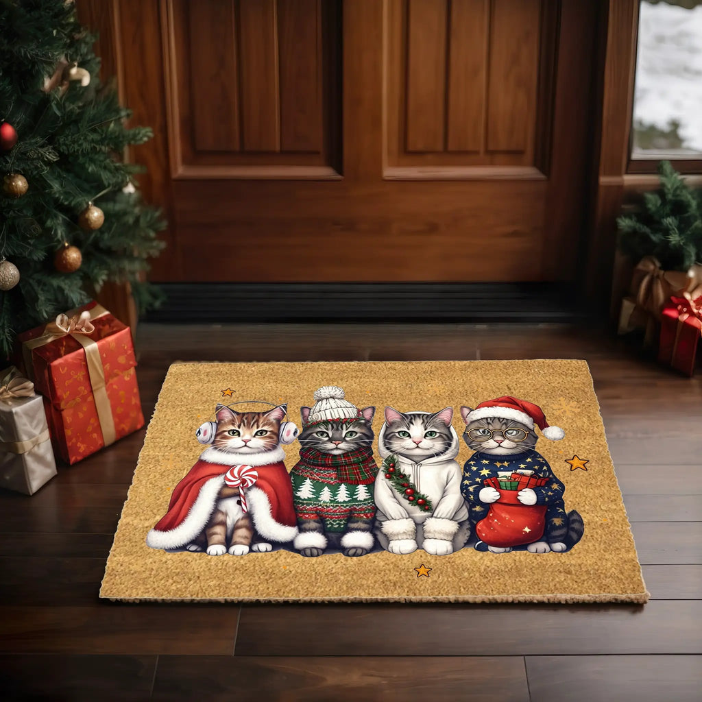 Christmas Cat Doormat, Funny Xmas Cats Coir Doormat, Cute Holiday Welcome Mat, Cat Lover Christmas Gift, Festive Front Porch Decor