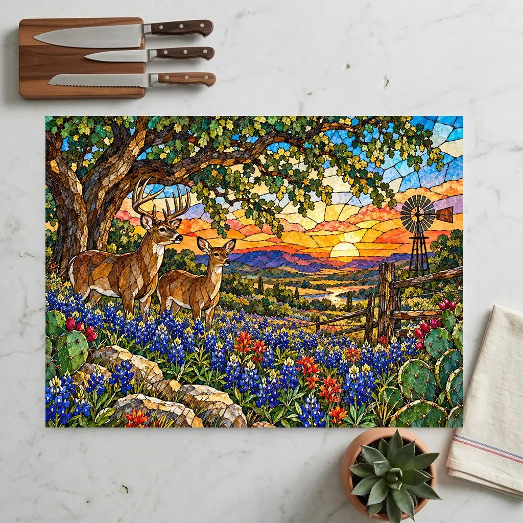 White Tailed Deer Glass Cutting Board, Texas Bluebonnet Kitchen Decor, Whitetail Buck Gift, Western Wildlife Art, Ranch House Decor