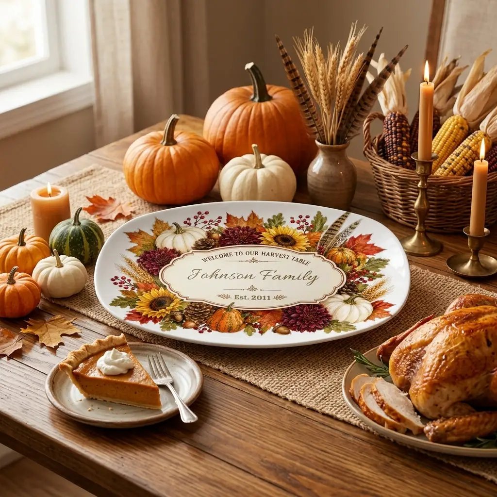 Personalized Thanksgiving Platter, Custom Family Name Harvest Serving Platter, Woodland Fall Decor, Pumpkin Sunflower Hostess Gift, 10x14