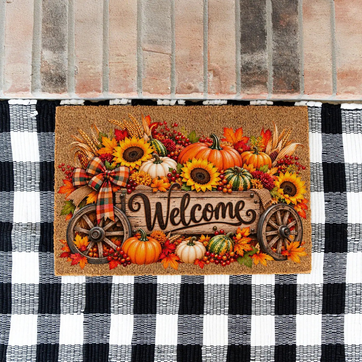 Harvest Wagon Welcome Doormat, Fall Coir Door Mat, Pumpkin Sunflower Welcome Mat, Autumn Farmhouse Porch Decor, Thanksgiving Doormat